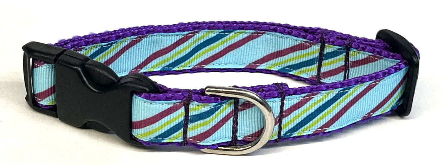Aqua, Purple, Green, Teal Diagonal Stripe Dog Collar 3/4