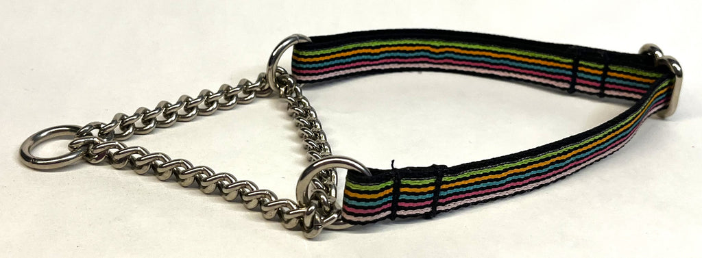 Black, Green, Orange, Teal, Pink, and White Stripes Chain Martingale Collar 1/2