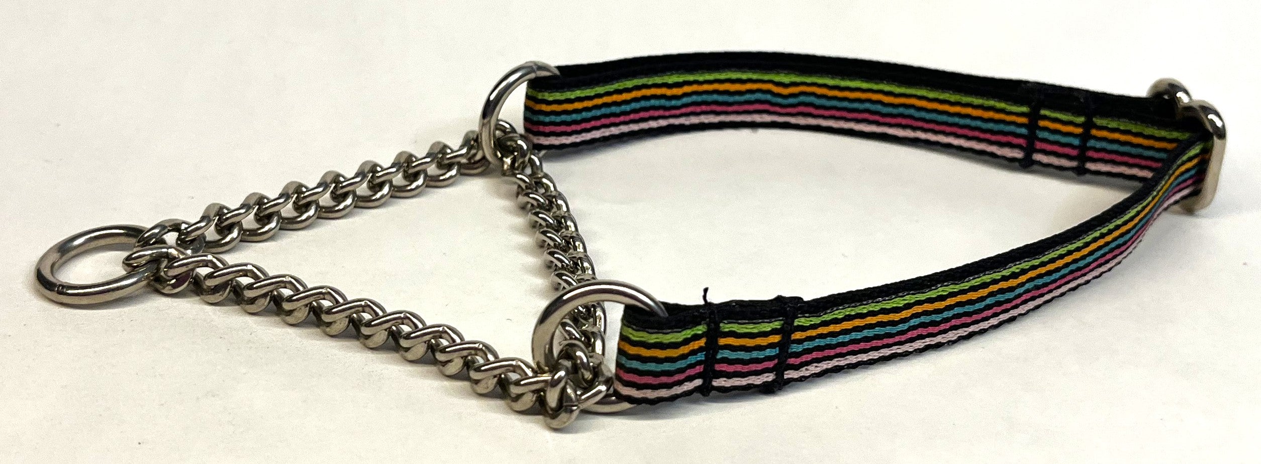 Black, Green, Orange, Teal, Pink, and White Stripes Chain Martingale Collar 1/2