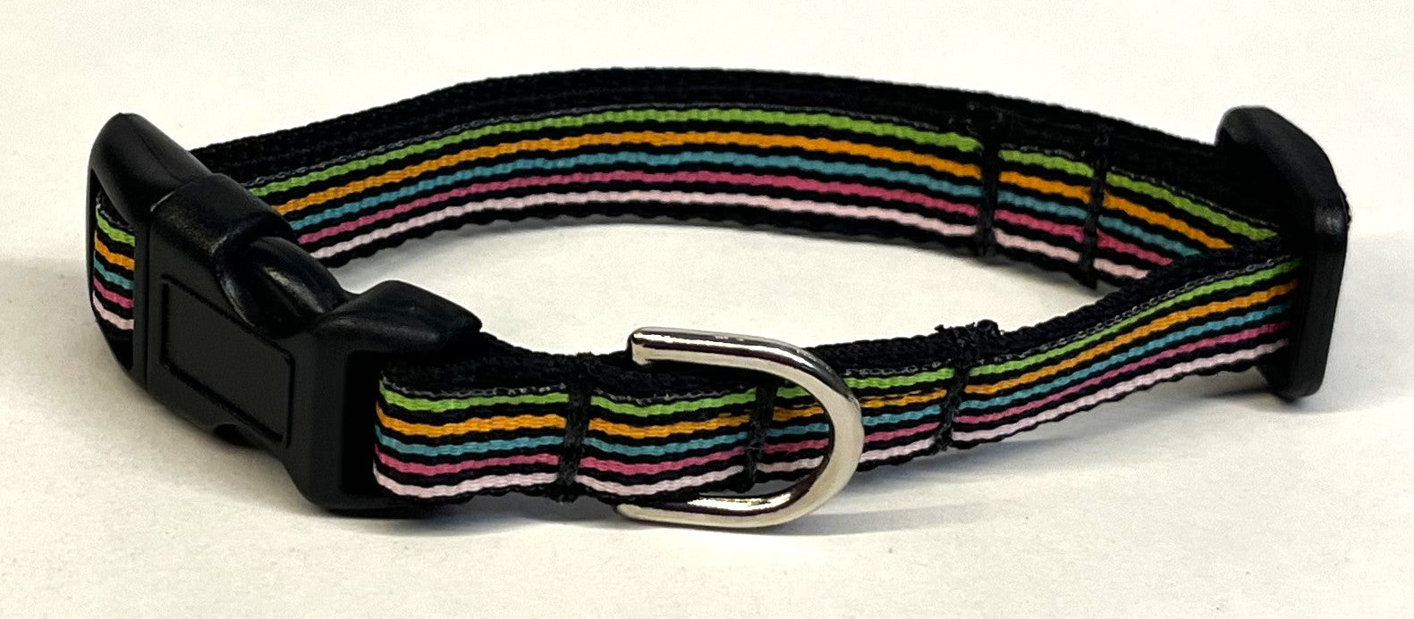 Black, Green, Orange, Teal, Pink, and White Stripes Dog Collar 1/2