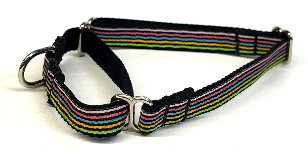 Black, Green, Orange, Teal, Pink, and White Stripes Martingale Collar 1/2