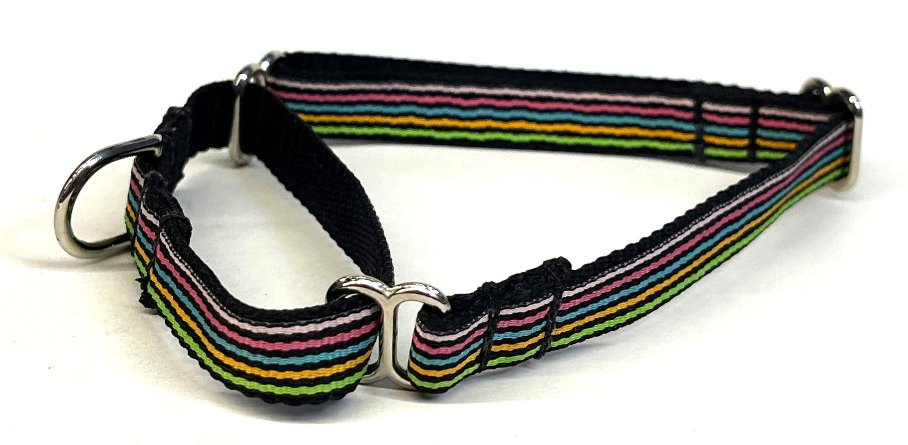 Black, Green, Orange, Teal, Pink, and White Stripes Martingale Collar 1/2
