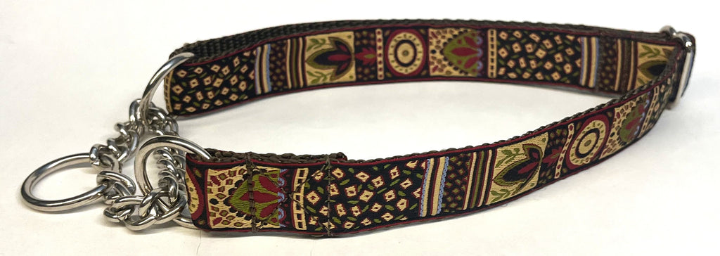 Black, Tan, Burgundy, Blue and Olive Design Chain Martingale Collar 1in