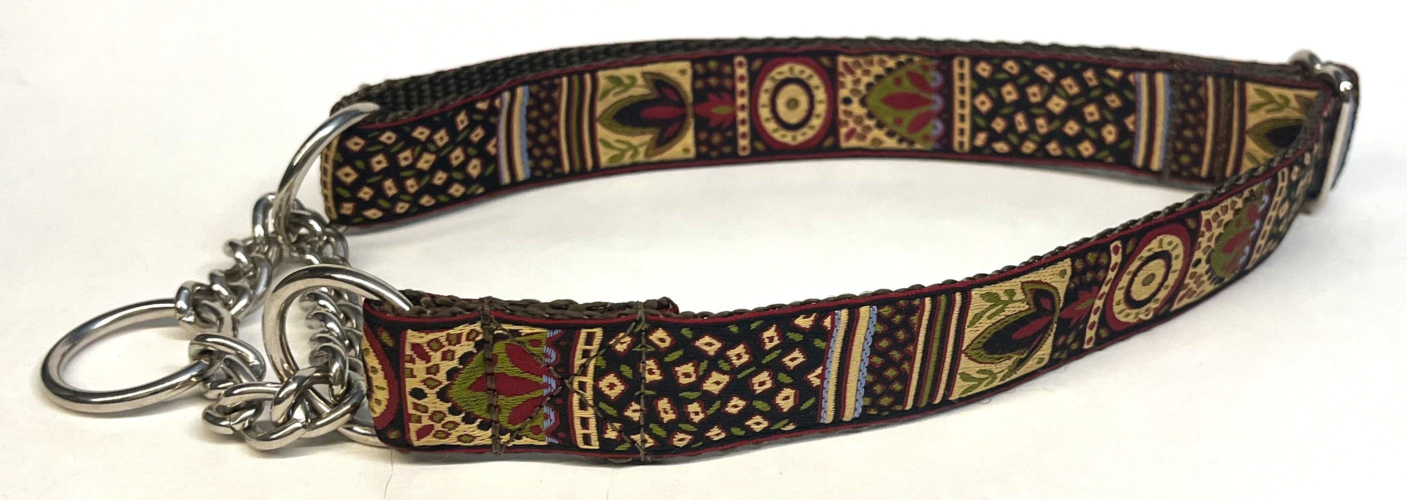 Black, Tan, Burgundy, Blue and Olive Design Chain Martingale Collar 1in