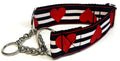 Black and White Stripe with Red Hearts Chain Martingale Collar 1 1/2 in