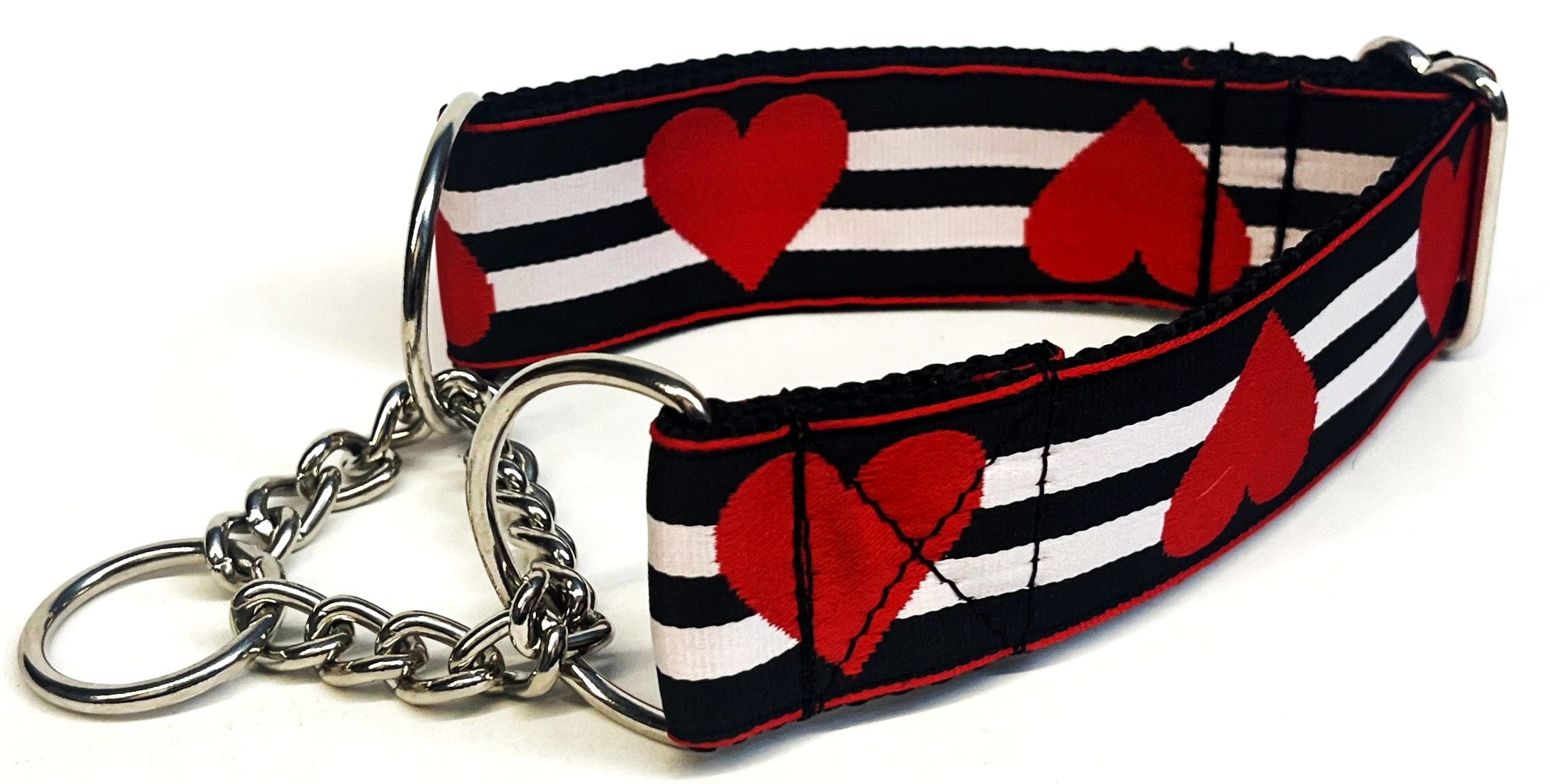 Black and White Stripe with Red Hearts Chain Martingale Collar 1 1/2 in