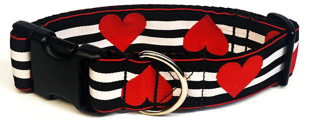 Black and White Stripe with Red Hearts Dog Collar 1 1/2 in