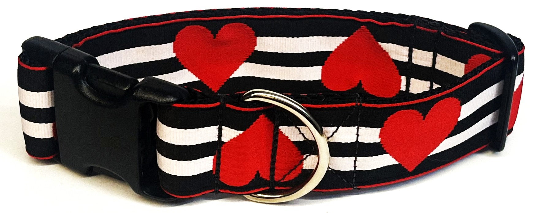 Black and White Stripe with Red Hearts Dog Collar 1 1/2 in