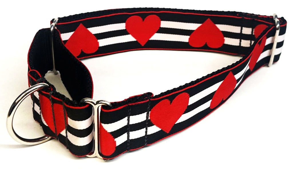 Black and White Stripe with Red Hearts Martingale Collar 1 1/2 in
