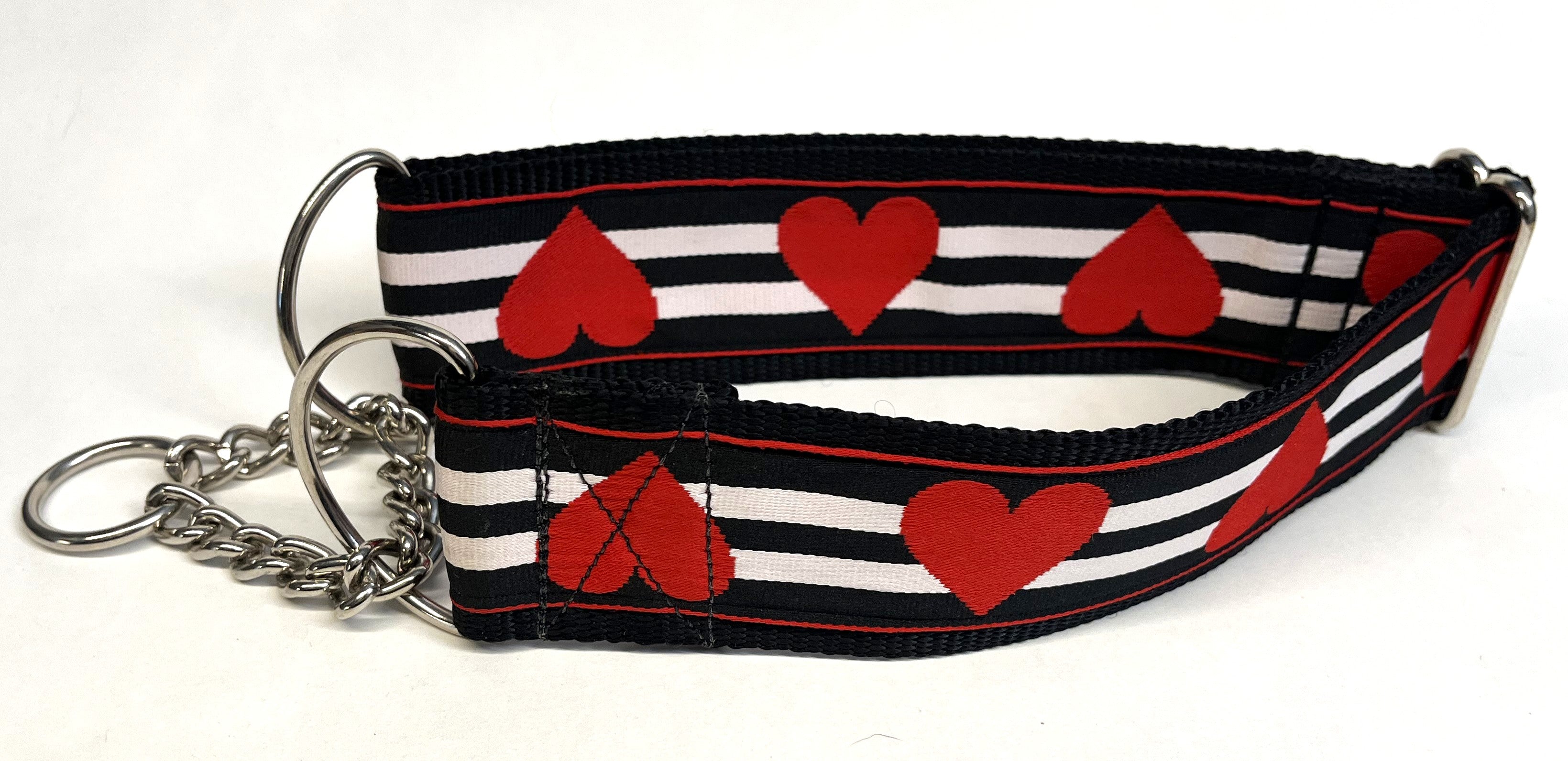Black, White, and Red Stripe with Red Hearts Chain Martingale Collar 2in