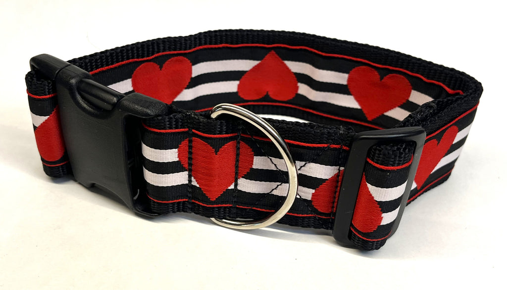 Black, White, and Red Stripe with Red Hearts Dog Collar 2in