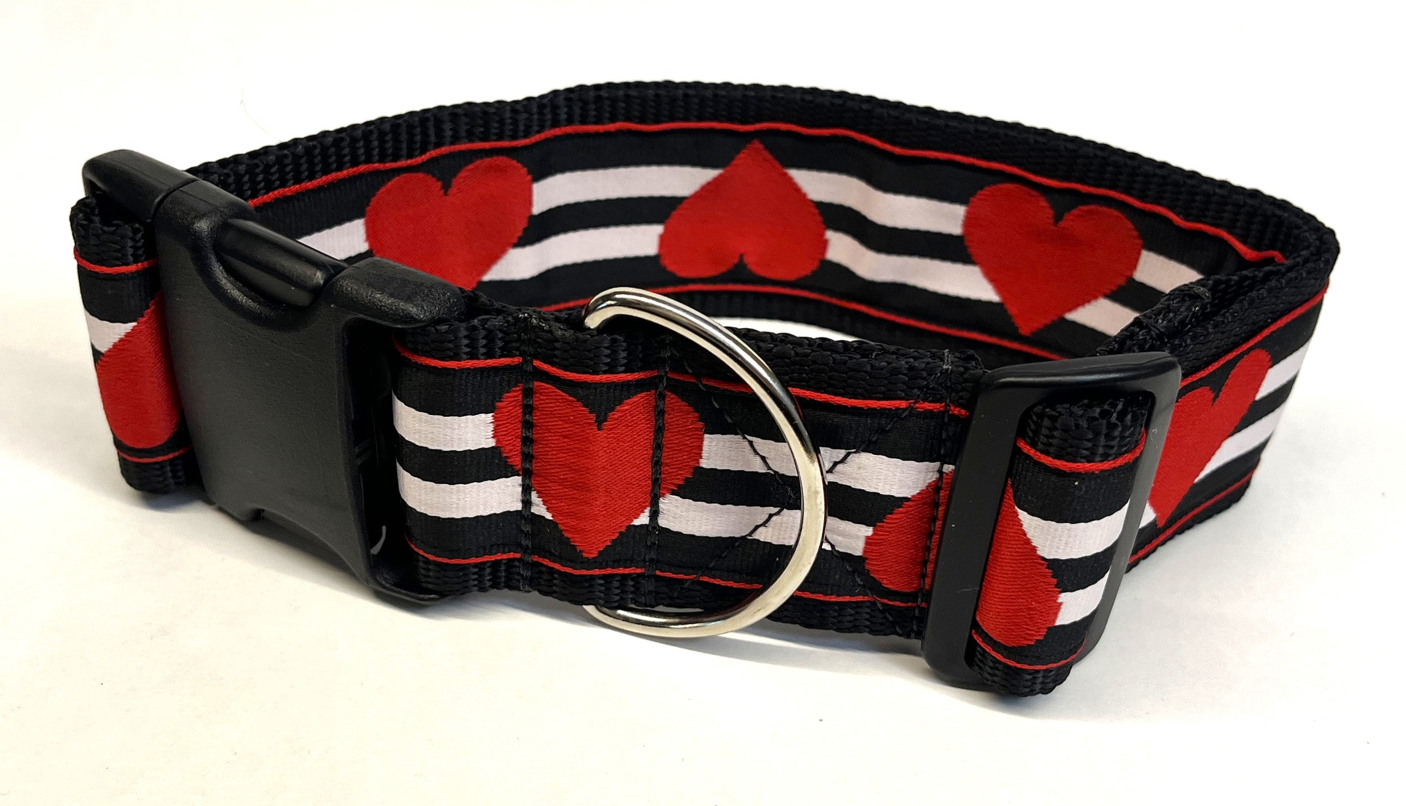 Black, White, and Red Stripe with Red Hearts Dog Collar 2in
