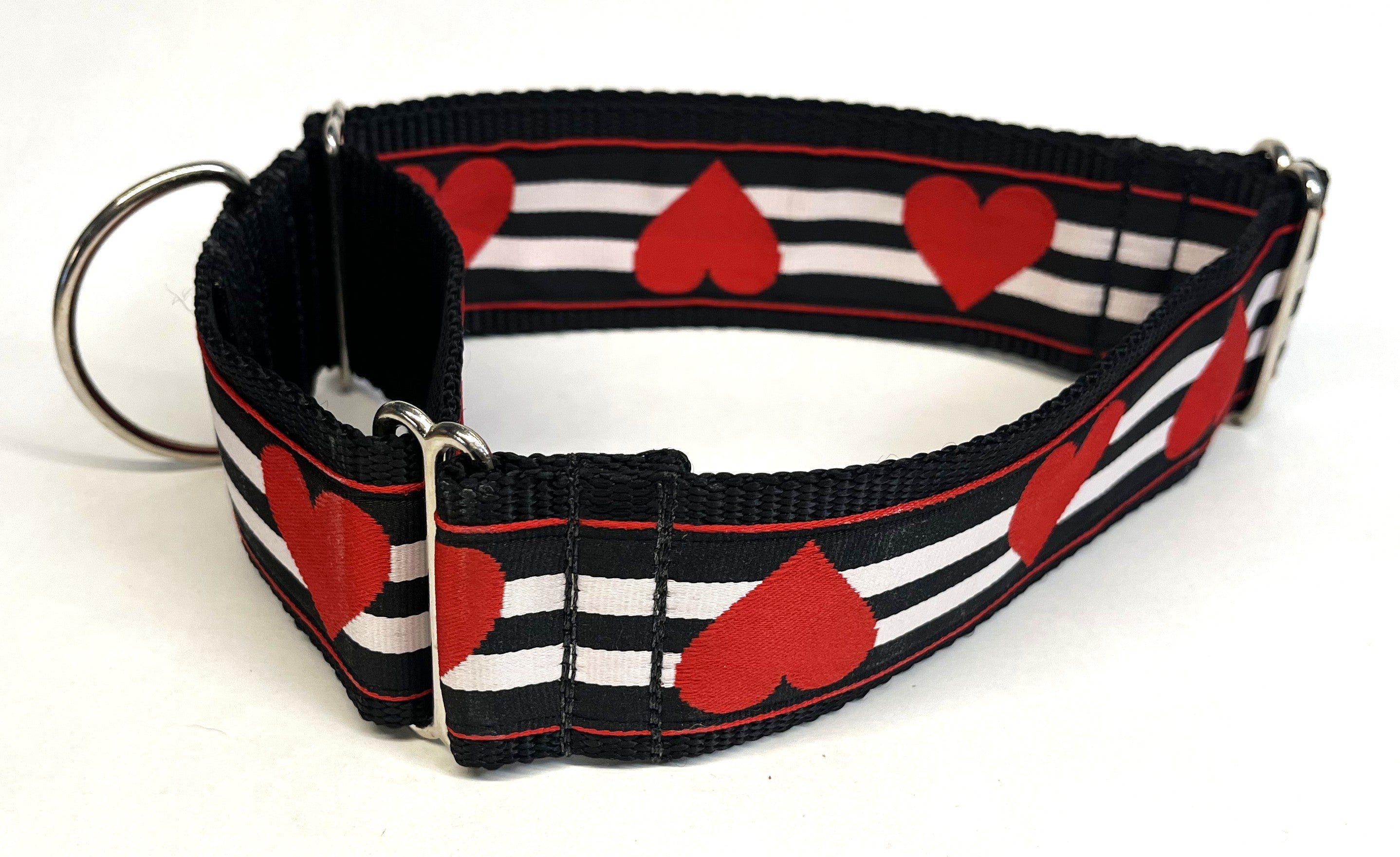 Black, White, and Red Stripe with Red Hearts Martingale Collar 2in