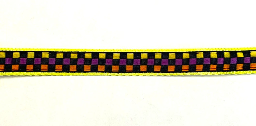 Black yellow purple and orange plaid dog collar 1/2 inch on yellow webbing