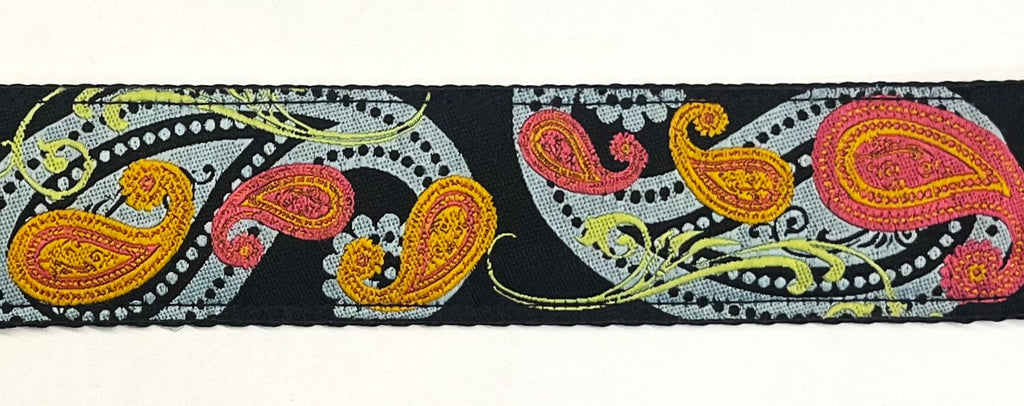 Black with Blue, Gray, Pink, Orange, and Green Paisley Dog Collar 1 1/2 in
