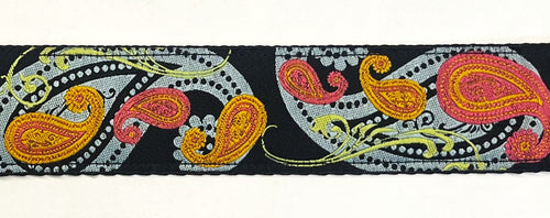 Black with Blue, Gray, Pink, Orange, and Green Paisley Dog Collar 1 1/2 in
