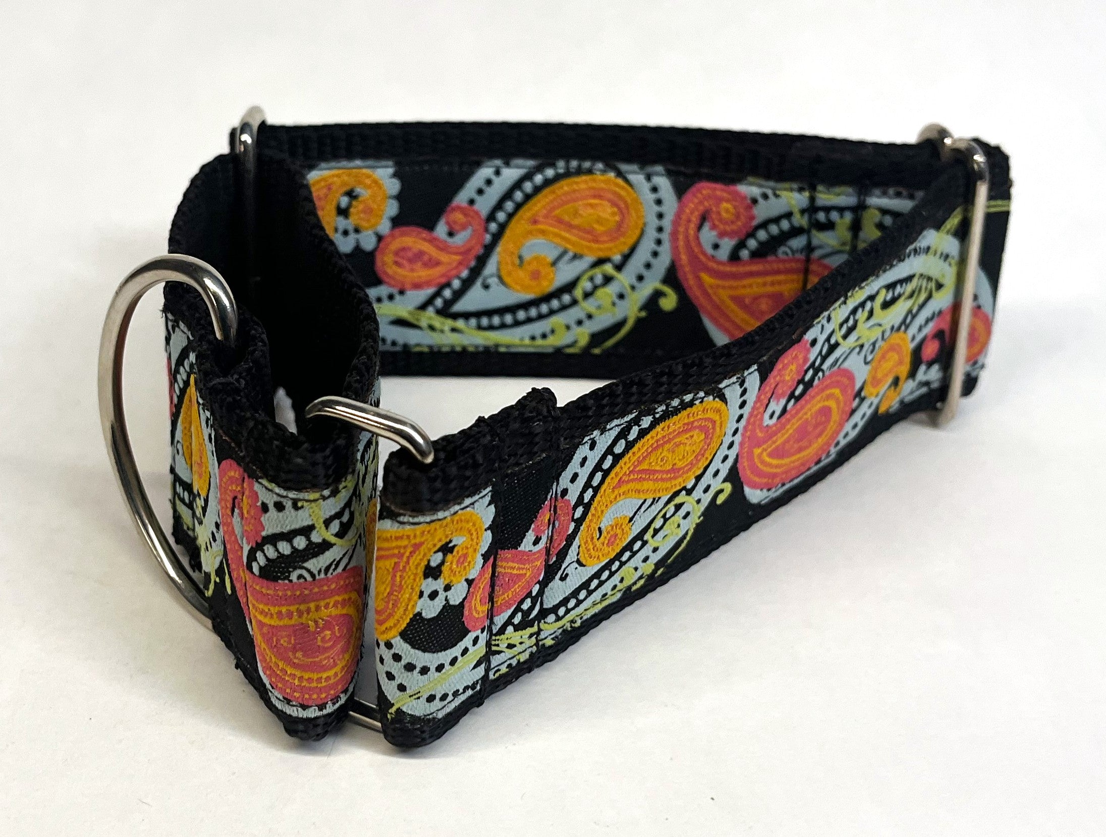 Black with Blue, Green, Pink, and Orange Paisley Design Martingale Collar 2in