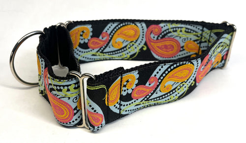 Black with Blue, Green, Pink, and Orange Paisley Design Martingale Collar 2in