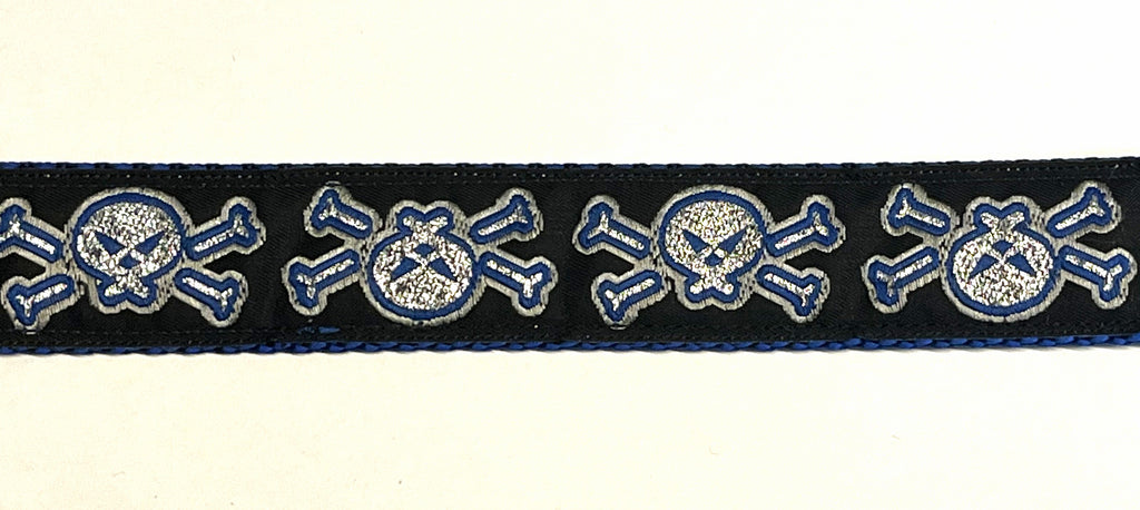 Black with Blue and Silver Skull and Crossbones Martingale Collar 1in