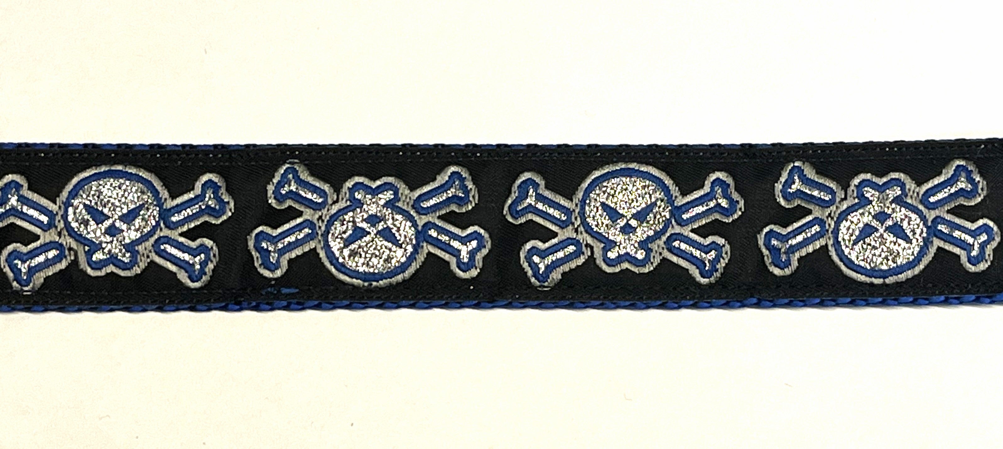 Black with Blue and Silver Skull and Crossbones Dog Leash 1in
