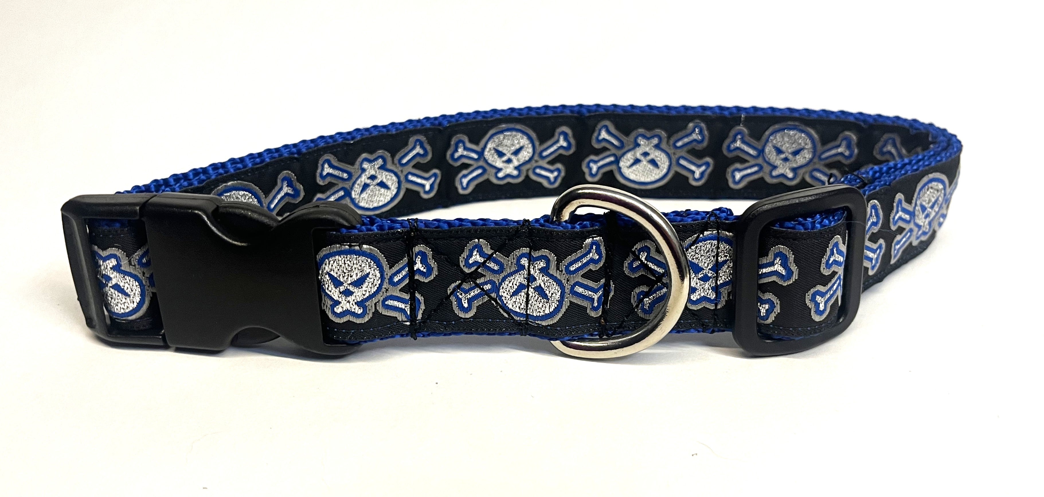 Black with Blue and Silver Skull and Crossbones Dog Collar 1in