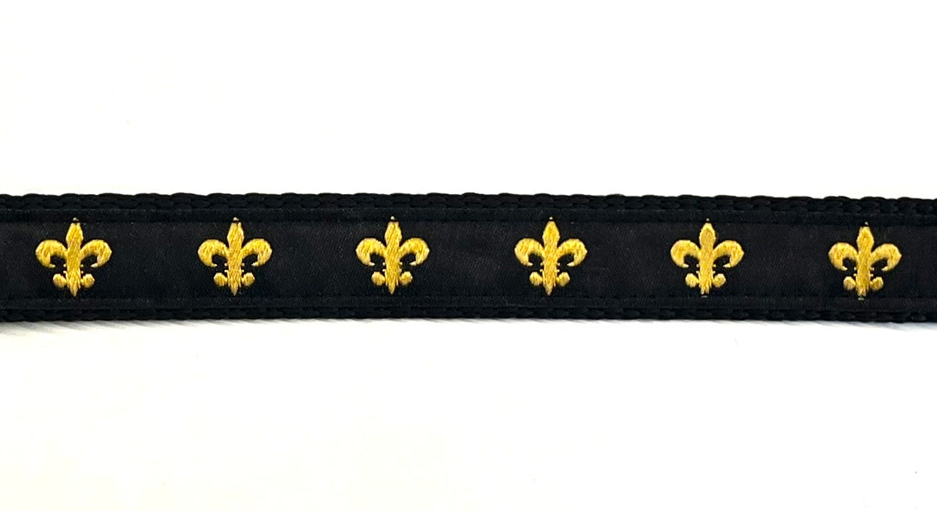 Black with Gold Fleur De Lis Dog Collar 3/4 inch on black webbing