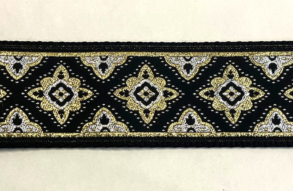 Black with Gold and Silver Fancy Diamond Pattern Martingale Collar 2in