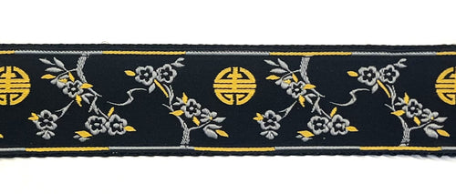 Black with gray and gold Asian floral tree and longevity symbol chain martingale collar 1 1/2 in