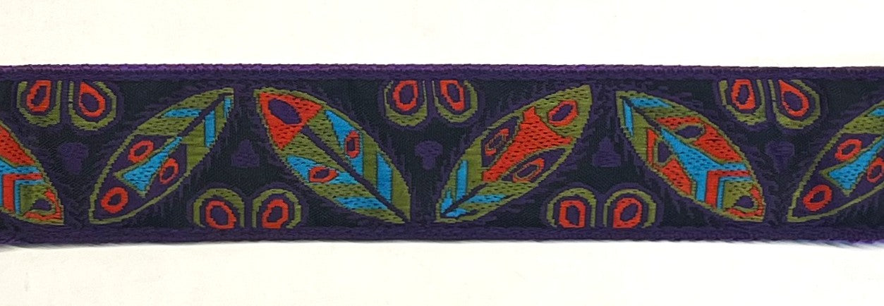 Black with Green, Blue, Orange, and Purple Leaf Designs Dog Collar 1 1/2 in