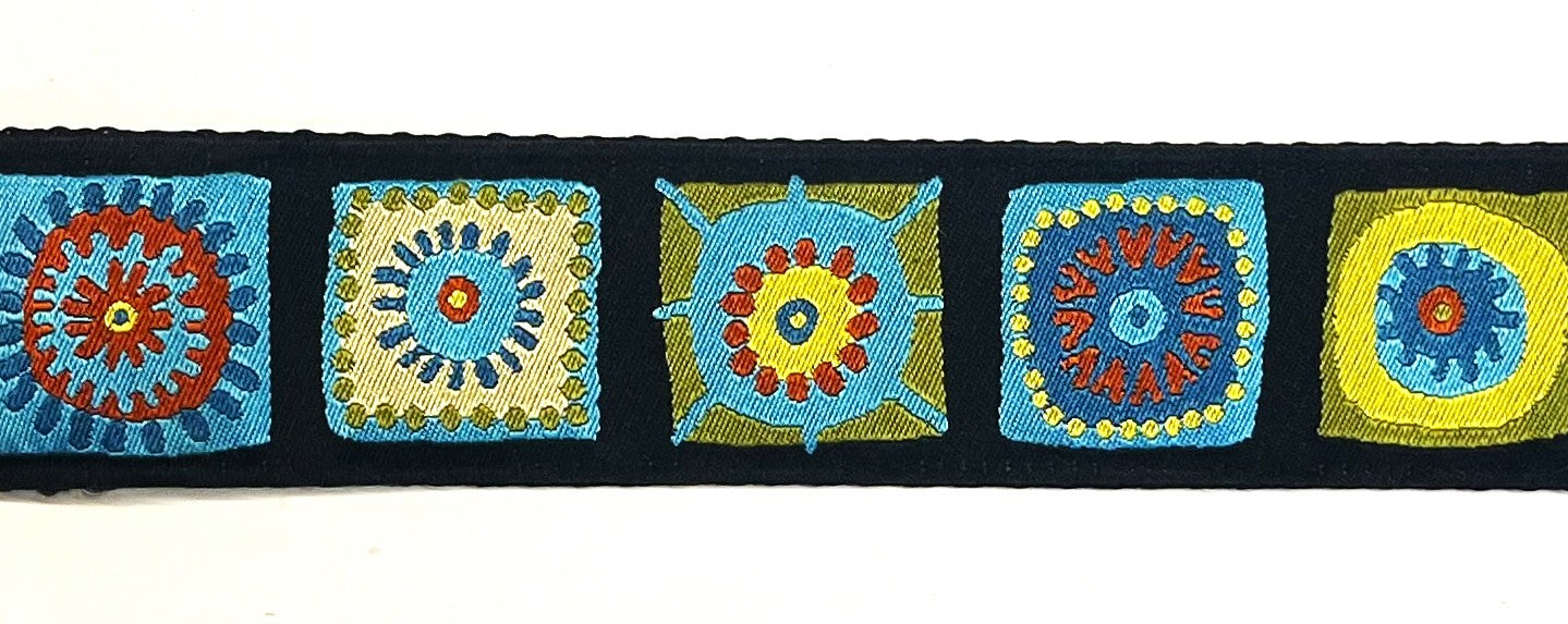 Black with green, blue, and red square designs dog collar 1 1/2 in