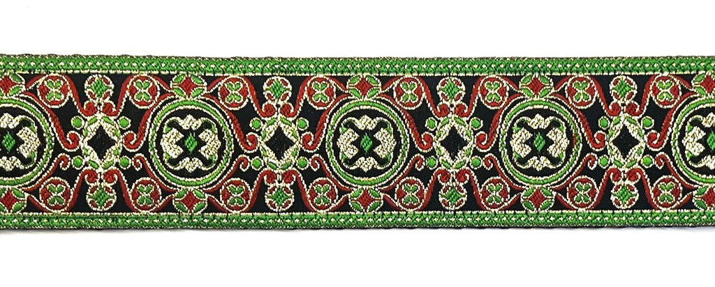 Black with Green, Red, and Gold Elegant Pattern Dog Collar 1 1/2 in