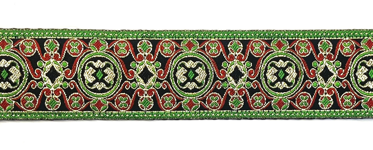 Black with Green, Red, and Gold Elegant Pattern Dog Collar 1 1/2 in