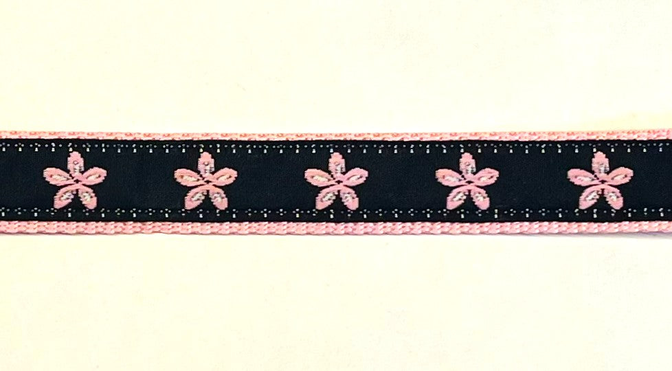 Black with light pink flowers dog collar on light pink webbing