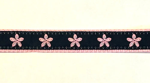 Black with light pink flowers dog collar on light pink webbing