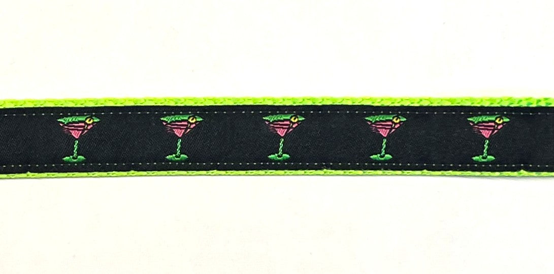Black with Martini Glasses Dog Collar 3/4 inch on green webbing