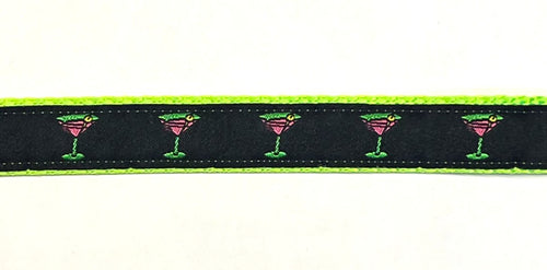 Black with Martini Glasses Dog Collar 3/4 inch on green webbing