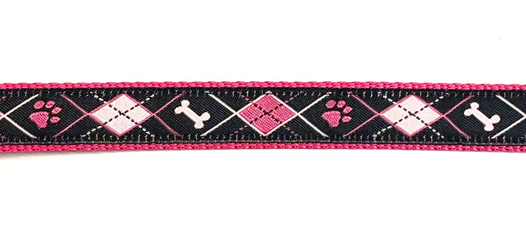 Black with pink and light pink argyle design with bones and paws dog collar on pink webbing