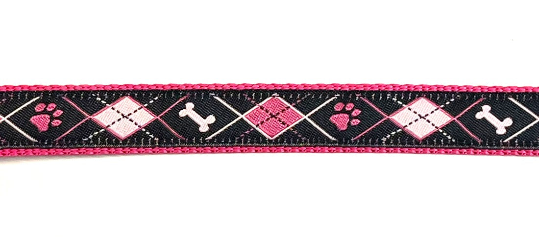 Black with pink and light pink argyle design with bones and paws dog collar on pink webbing
