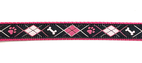 Black with pink and light pink argyle design with bones and paws dog collar on pink webbing