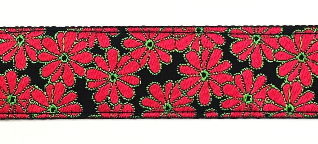 Black with Red Flowers Dog Collar 1 1/2 in