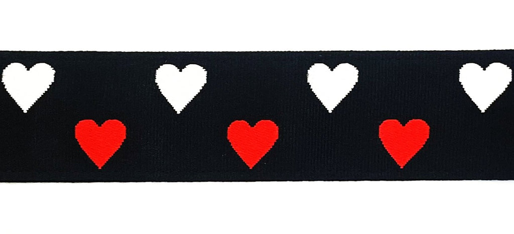 Black with red and white hearts dog collar 1.5 inch on black webbing