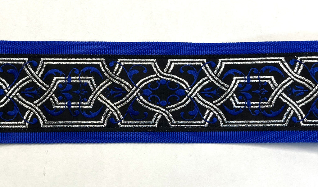 Black with Silver, Blue Geometric and Vine Design Dog Collar 2in
