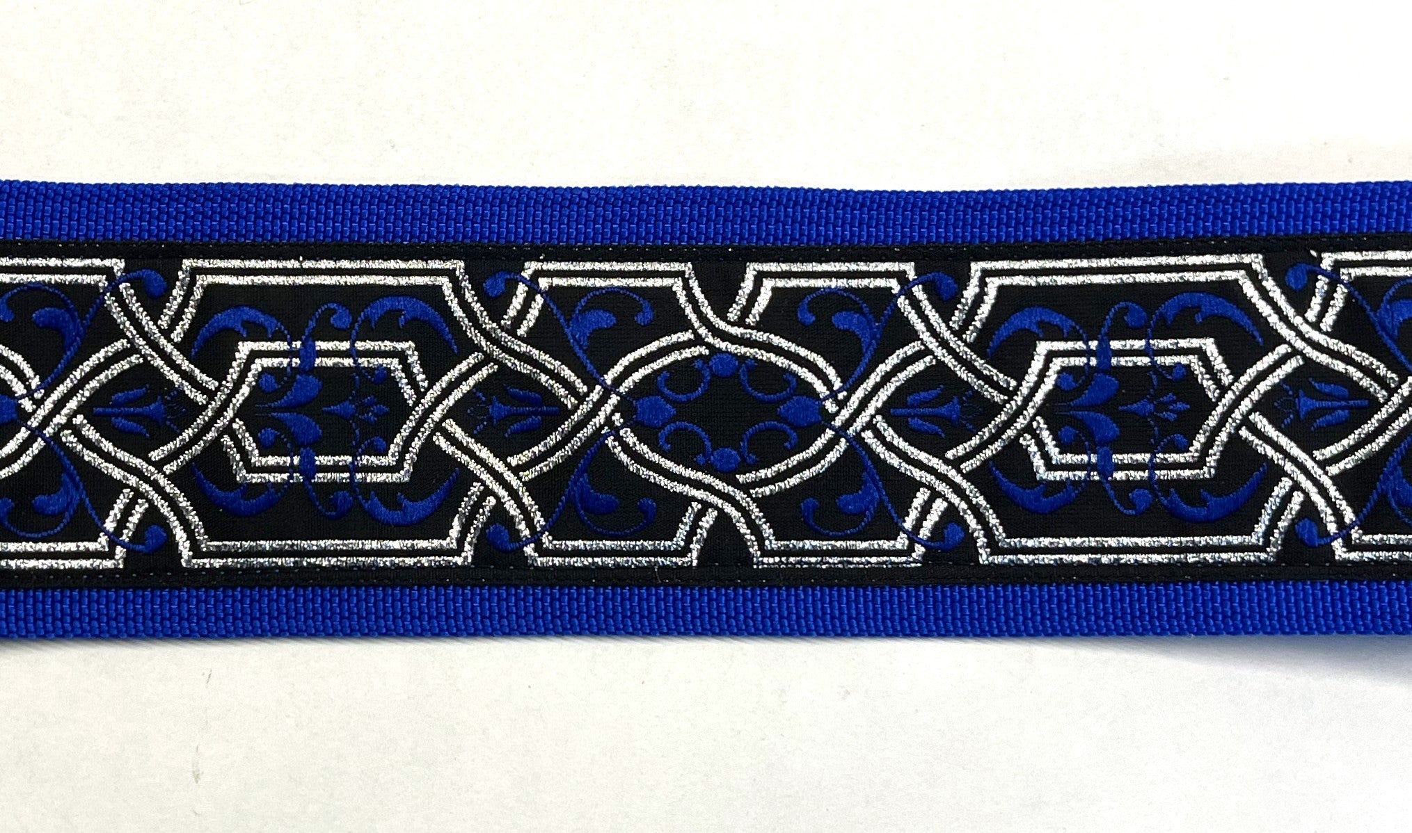 Black with Silver, Blue Geometric and Vine Design Dog Collar 2in