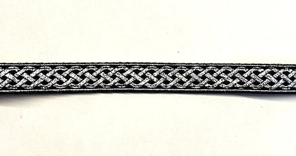 Black with silver Celtic weave ribbon dog collar on black webbing