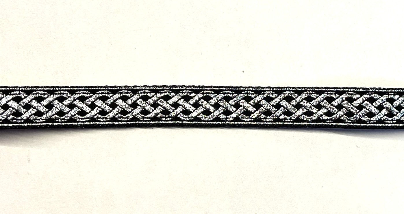 Black with silver Celtic weave ribbon dog collar on black webbing