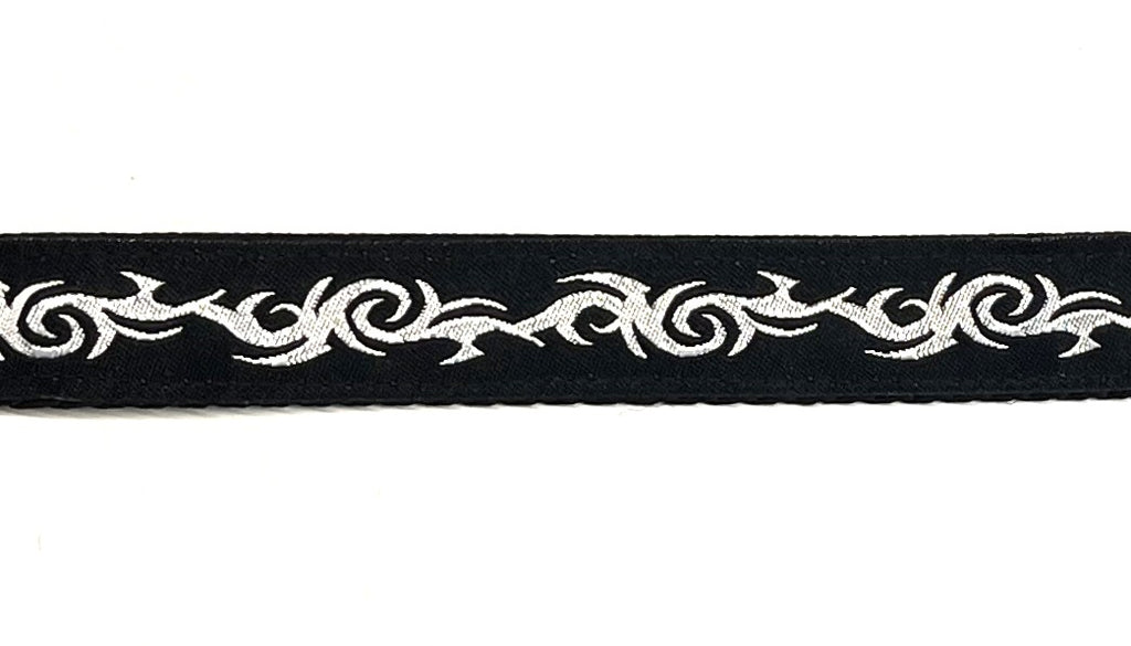 Black with Silver Tribal Design Dog Collar 3/4 - silver tribal ribbon on black nylon webbing