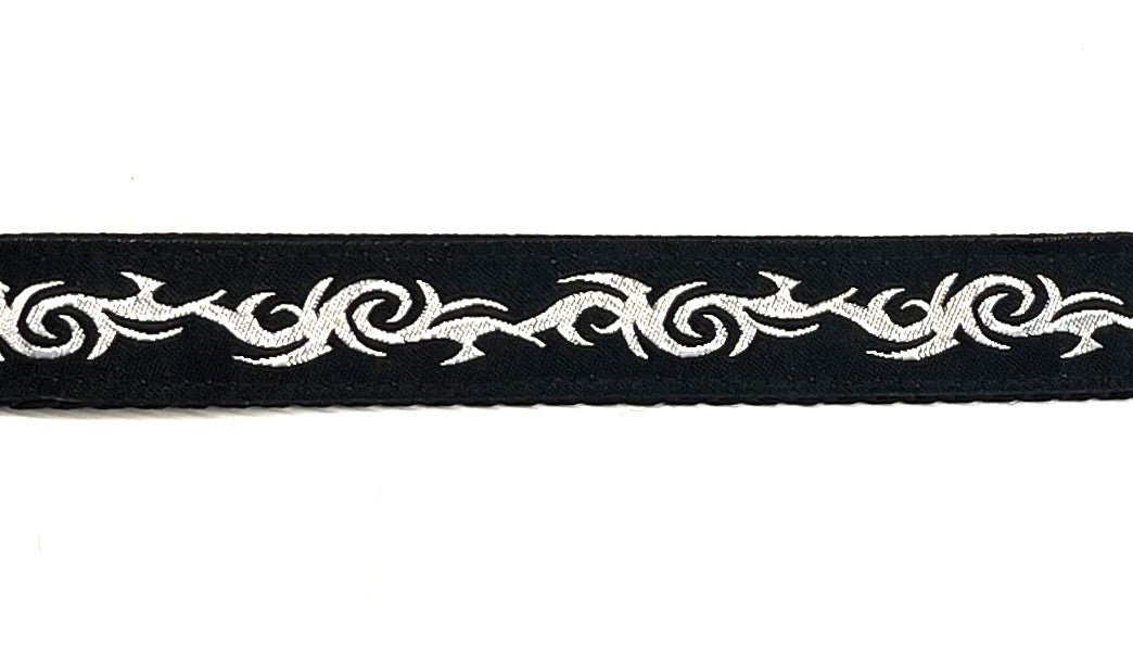 Black with Silver Tribal Design Dog Collar 3/4 - silver tribal ribbon on black nylon webbing