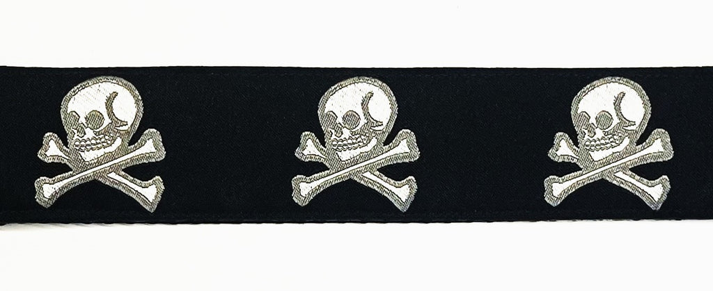 Black with silver skull and crossbones dog collar 1.5 inch on black webbing