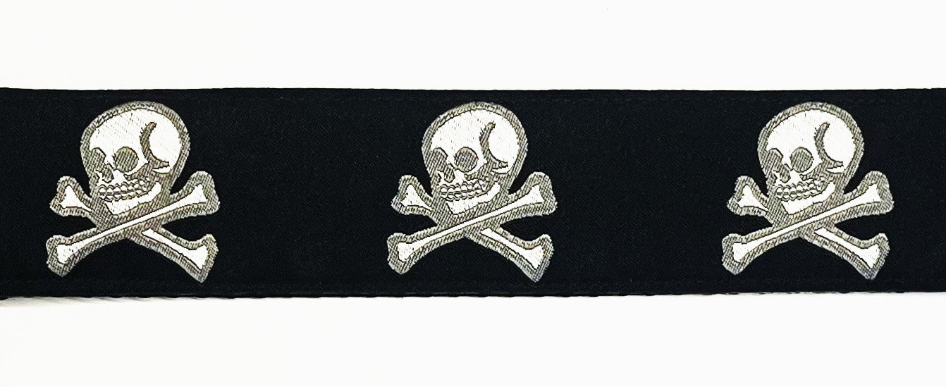 Black with silver skull and crossbones dog collar 1.5 inch on black webbing
