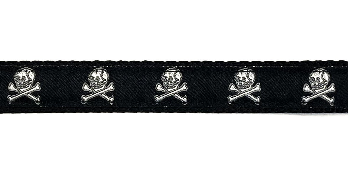Black with Skull and Crossbones Dog Collar 3/4 - silver skull and crossbones ribbon on black nylon webbing